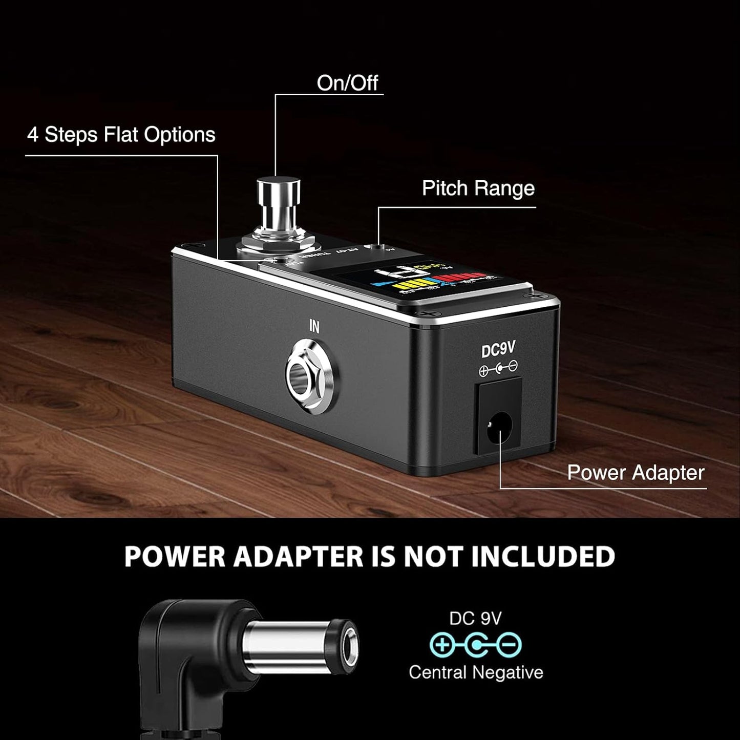 Acordor cromatic, pedala tuner pentru chitara electrica, bypass cu buton picior, ecran LCD, carcasa din aluminiu, fara zgomote la comutare, negru