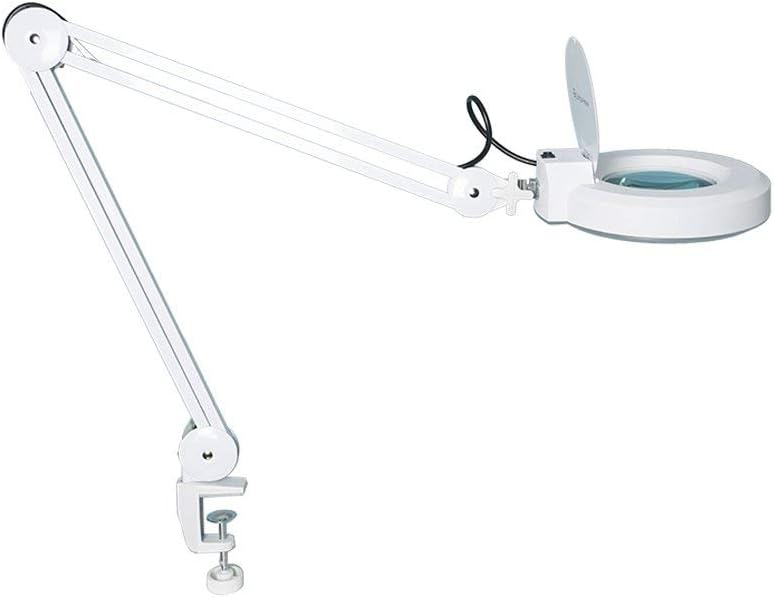 Lampa cosmetica LED cu brat cu menghina, lupa cu marire 5x, rotire 360°, pentru machiaj, manichiura, tatuaje, citit, alba