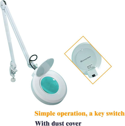 Lampa cosmetica LED cu brat cu menghina, lupa cu marire 5x, rotire 360°, pentru machiaj, manichiura, tatuaje, citit, alba
