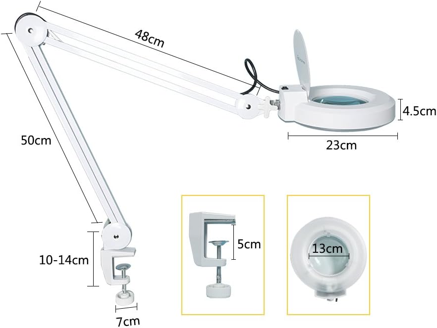 Lampa cosmetica LED cu brat cu menghina, lupa cu marire 5x, rotire 360°, pentru machiaj, manichiura, tatuaje, citit, alba