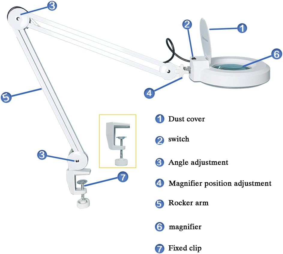 Lampa cosmetica LED cu brat cu menghina, lupa cu marire 5x, rotire 360°, pentru machiaj, manichiura, tatuaje, citit, alba