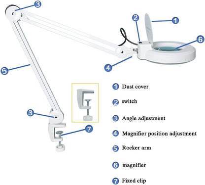 Lampa cosmetica LED cu brat cu menghina, lupa cu marire 5x, rotire 360°, pentru machiaj, manichiura, tatuaje, citit, alba