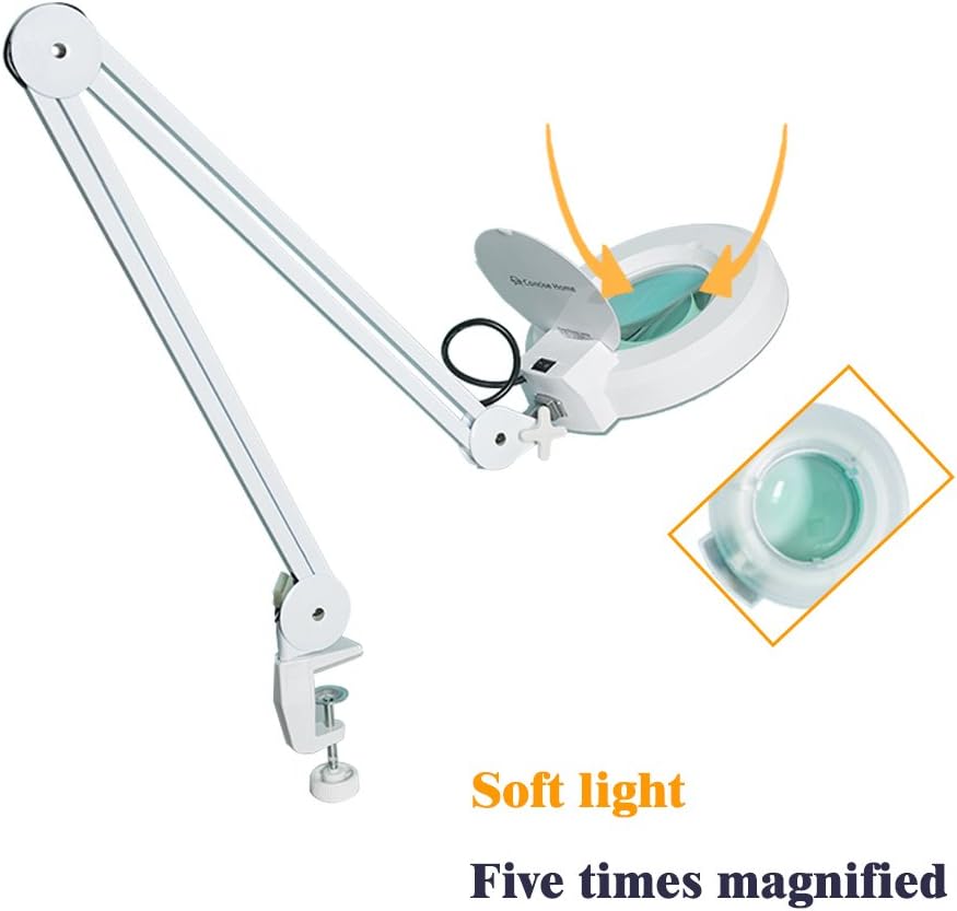 Lampa cosmetica LED cu brat cu menghina, lupa cu marire 5x, rotire 360°, pentru machiaj, manichiura, tatuaje, citit, alba