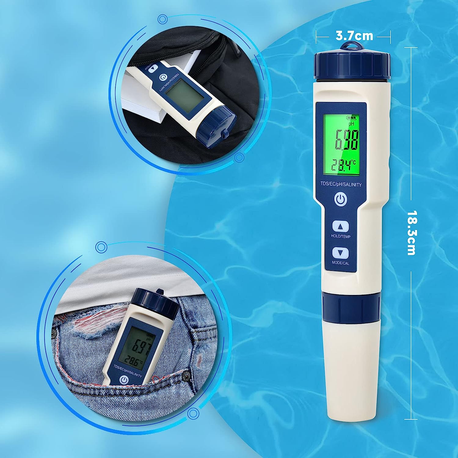 Set PH metru 5 in 1, TDS, EC, masurare calitate a apei, PH, salinitate, conductivitate, temperatura, functie calibrare automata, cu ecran LCD si functie Hold