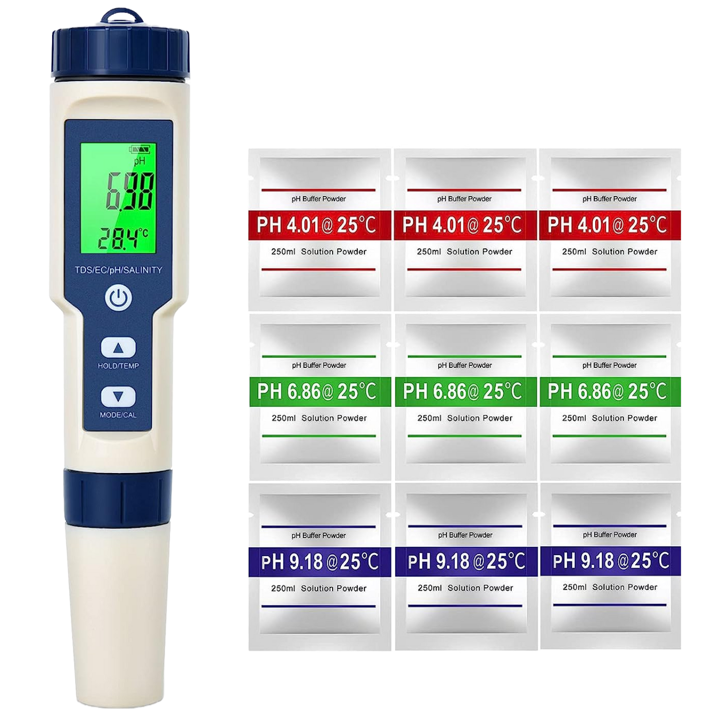 Set PH metru 5 in 1, TDS, EC, masurare calitate a apei, PH, salinitate, conductivitate, temperatura, functie calibrare automata, cu ecran LCD si functie Hold