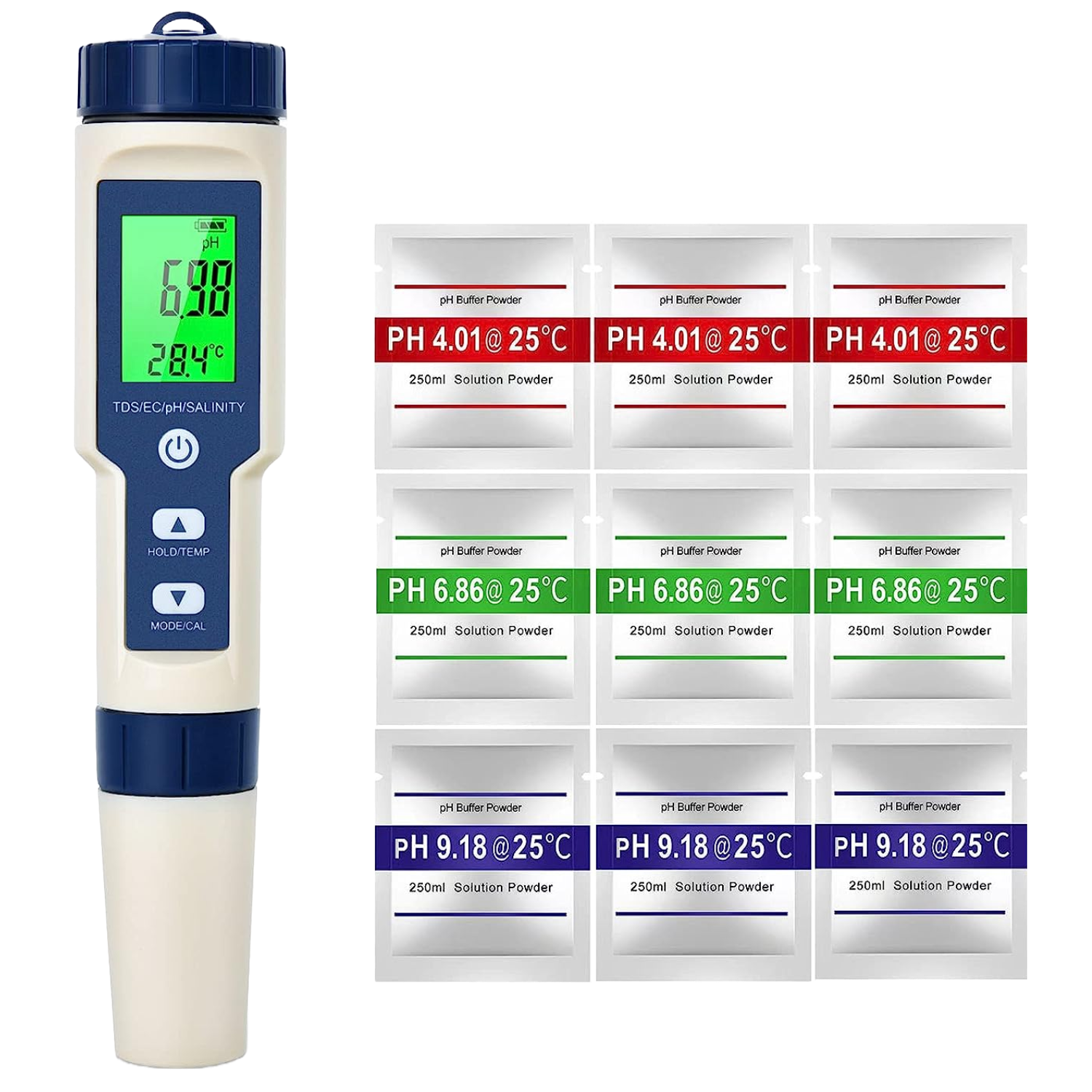 Set PH metru 5 in 1, TDS, EC, masurare calitate a apei, PH, salinitate, conductivitate, temperatura, functie calibrare automata, cu ecran LCD si functie Hold