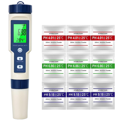 Set PH metru 5 in 1, TDS, EC, masurare calitate a apei, PH, salinitate, conductivitate, temperatura, functie calibrare automata, cu ecran LCD si functie Hold