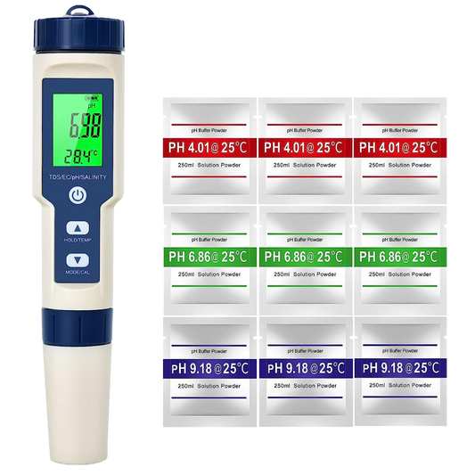 Set PH metru 5 in 1, TDS, EC, masurare calitate a apei, PH, salinitate, conductivitate, temperatura, functie calibrare automata, cu ecran LCD si functie Hold