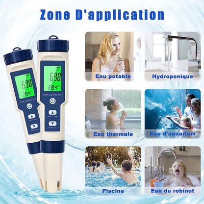 Set PH metru 5 in 1, TDS, EC, masurare calitate a apei, PH, salinitate, conductivitate, temperatura, functie calibrare automata, cu ecran LCD si functie Hold