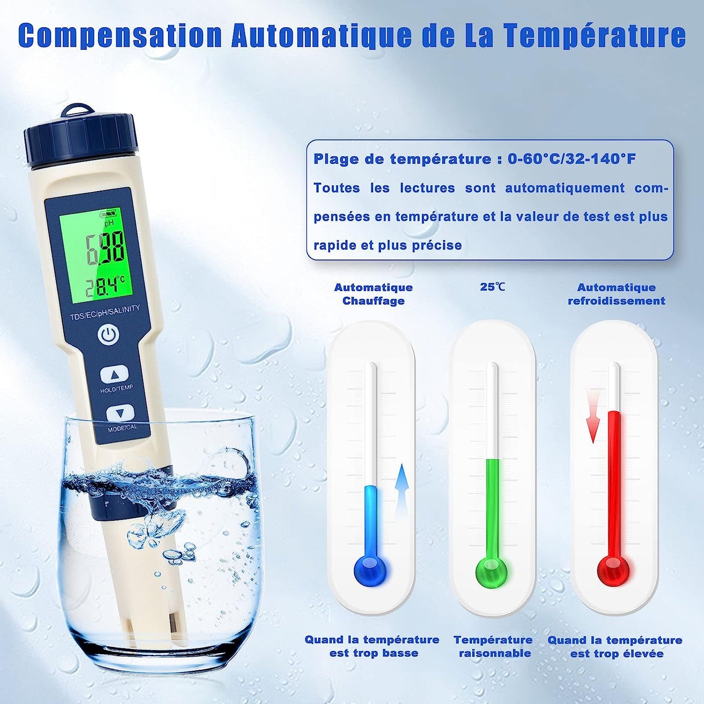 Set PH metru 5 in 1, TDS, EC, masurare calitate a apei, PH, salinitate, conductivitate, temperatura, functie calibrare automata, cu ecran LCD si functie Hold