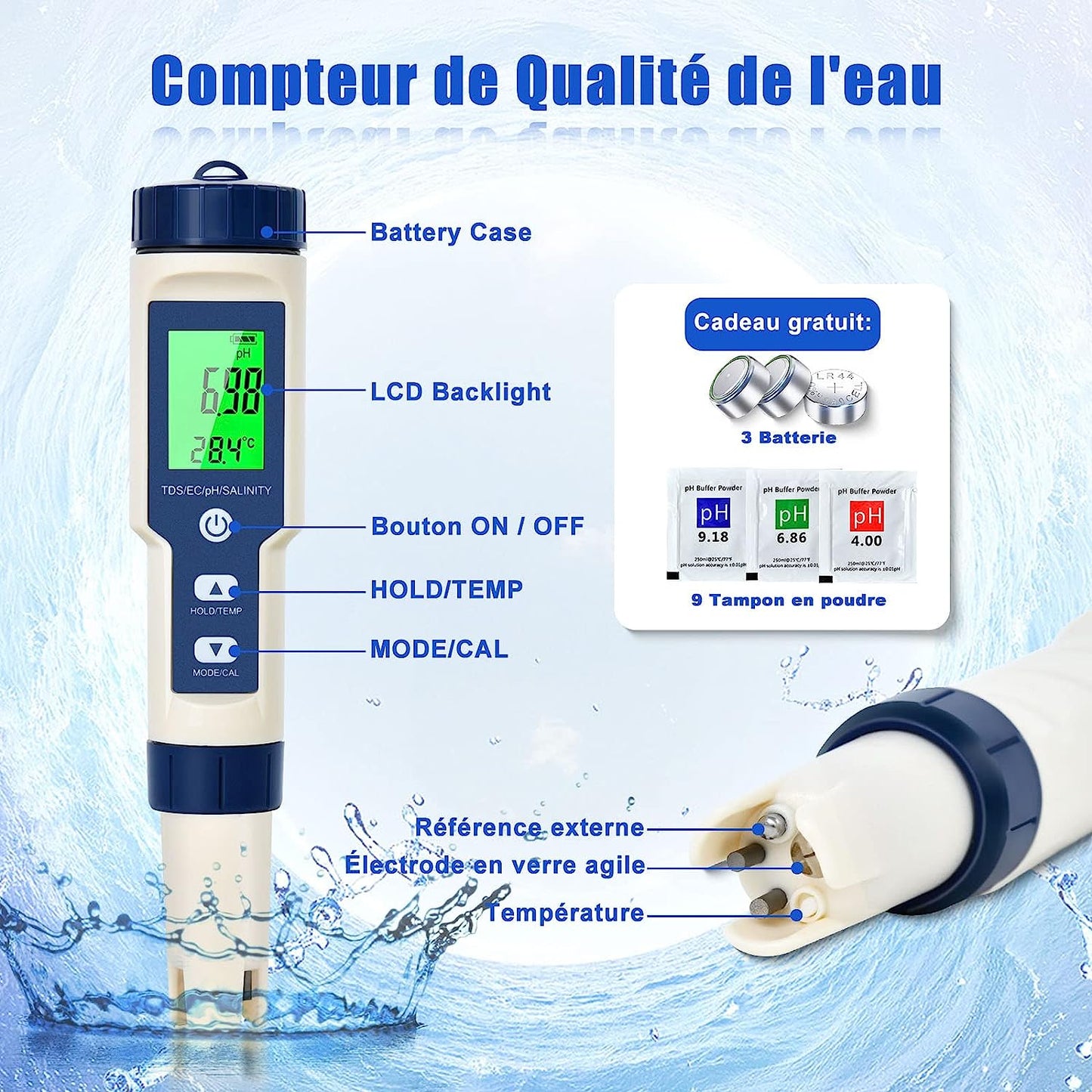 Set PH metru 5 in 1, TDS, EC, masurare calitate a apei, PH, salinitate, conductivitate, temperatura, functie calibrare automata, cu ecran LCD si functie Hold