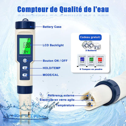 Set PH metru 5 in 1, TDS, EC, masurare calitate a apei, PH, salinitate, conductivitate, temperatura, functie calibrare automata, cu ecran LCD si functie Hold