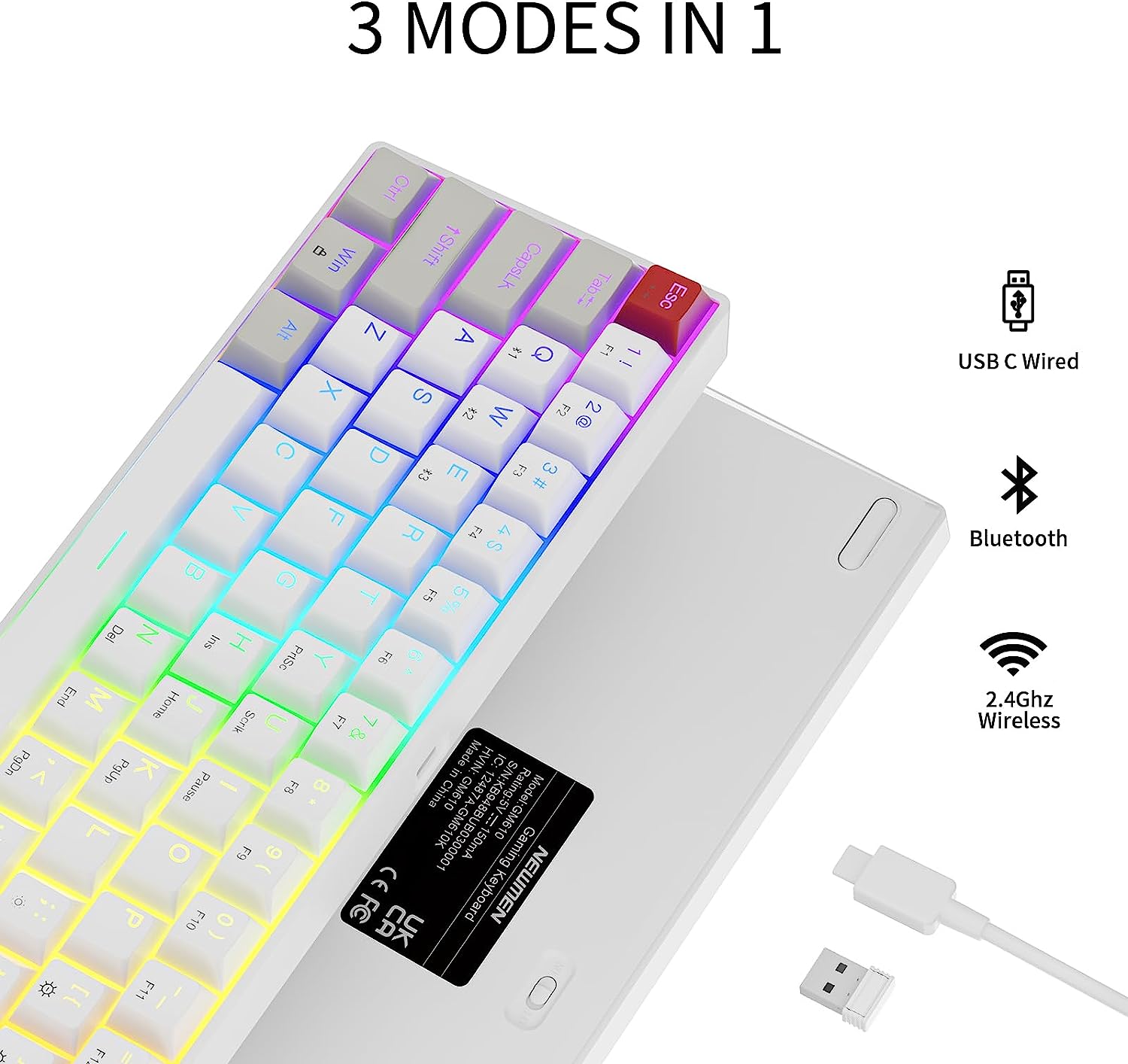 Tastatura mecanica de gaming wireless, iluminare RGB, Bluetooth, conectare cu pana la 3 dispozitive, QWERTY, OUTEMU, cu taste interschimbabile de rezerva, Newmen GM610