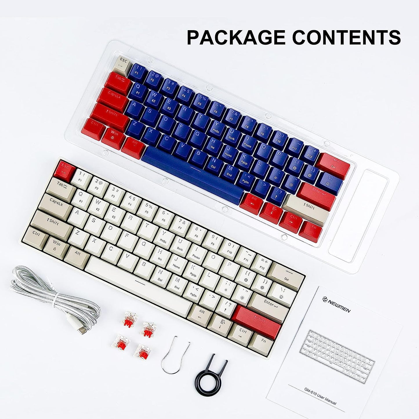 Tastatura mecanica de gaming wireless, iluminare RGB, Bluetooth, conectare cu pana la 3 dispozitive, QWERTY, OUTEMU, cu taste interschimbabile de rezerva, Newmen GM610