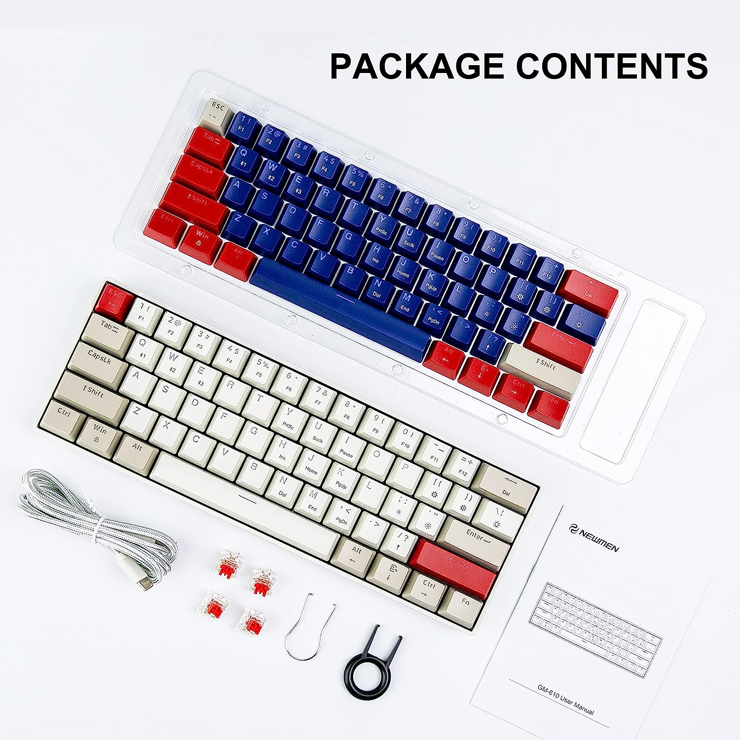 Tastatura mecanica de gaming wireless, iluminare RGB, Bluetooth, conectare cu pana la 3 dispozitive, QWERTY, OUTEMU, cu taste interschimbabile de rezerva, Newmen GM610