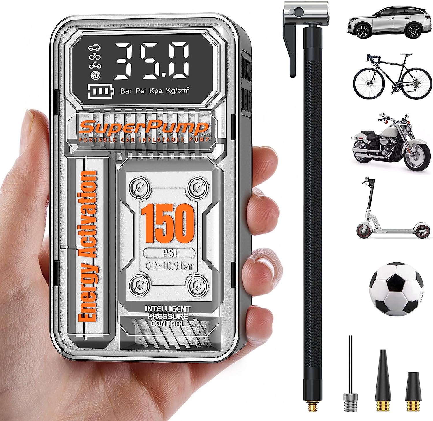 Pompa electrica, mini compresor cu functie powerbank, lanterna LED, acumulator 6000 mAh, ecran LCD, 10 Bar, pentru masina, motocicleta, bicicleta, mingi