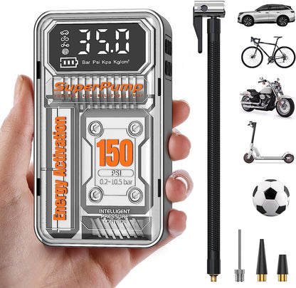 Pompa electrica, mini compresor cu functie powerbank, lanterna LED, acumulator 6000 mAh, ecran LCD, 10 Bar, pentru masina, motocicleta, bicicleta, mingi