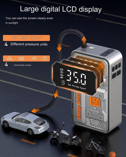 Pompa electrica, mini compresor cu functie powerbank, lanterna LED, acumulator 6000 mAh, ecran LCD, 10 Bar, pentru masina, motocicleta, bicicleta, mingi