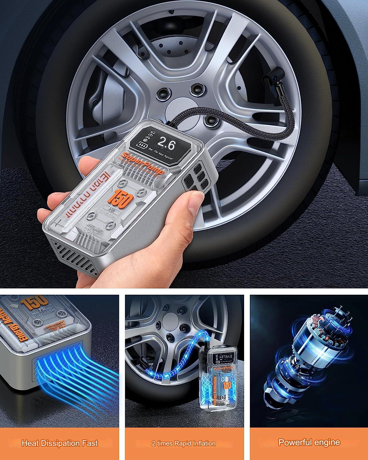 Pompa electrica, mini compresor cu functie powerbank, lanterna LED, acumulator 6000 mAh, ecran LCD, 10 Bar, pentru masina, motocicleta, bicicleta, mingi