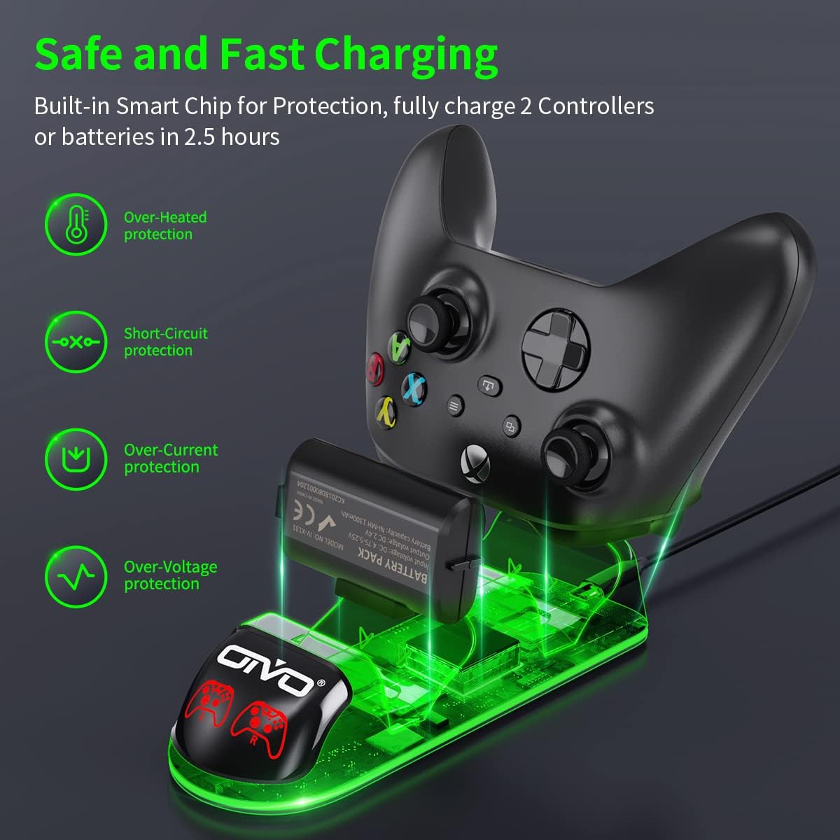 Set statie de incarcare dubla cu 2 acumulatori 1300 mAh, compatibile cu controler Xbox One, Xbox Series X/S, cu lumina LED, negru