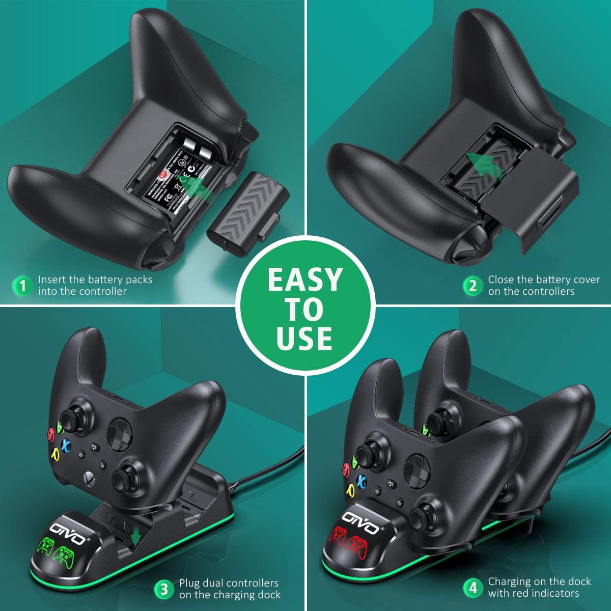 Set statie de incarcare dubla cu 2 acumulatori 1300 mAh, compatibile cu controler Xbox One, Xbox Series X/S, cu lumina LED, negru