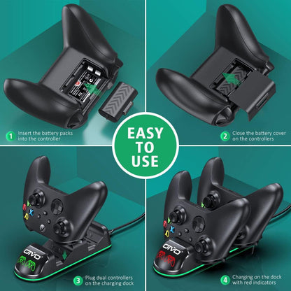 Set statie de incarcare dubla cu 2 acumulatori 1300 mAh, compatibile cu controler Xbox One, Xbox Series X/S, cu lumina LED, negru