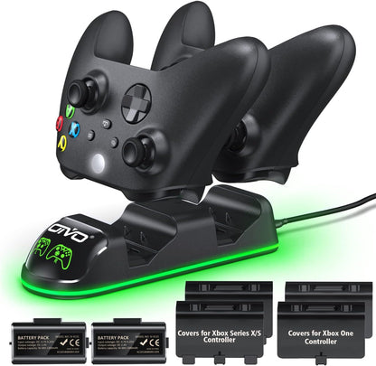 Set statie de incarcare dubla cu 2 acumulatori 1300 mAh, compatibile cu controler Xbox One, Xbox Series X/S, cu lumina LED, negru