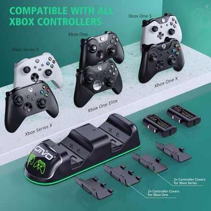 Set statie de incarcare dubla cu 2 acumulatori 1300 mAh, compatibile cu controler Xbox One, Xbox Series X/S, cu lumina LED, negru