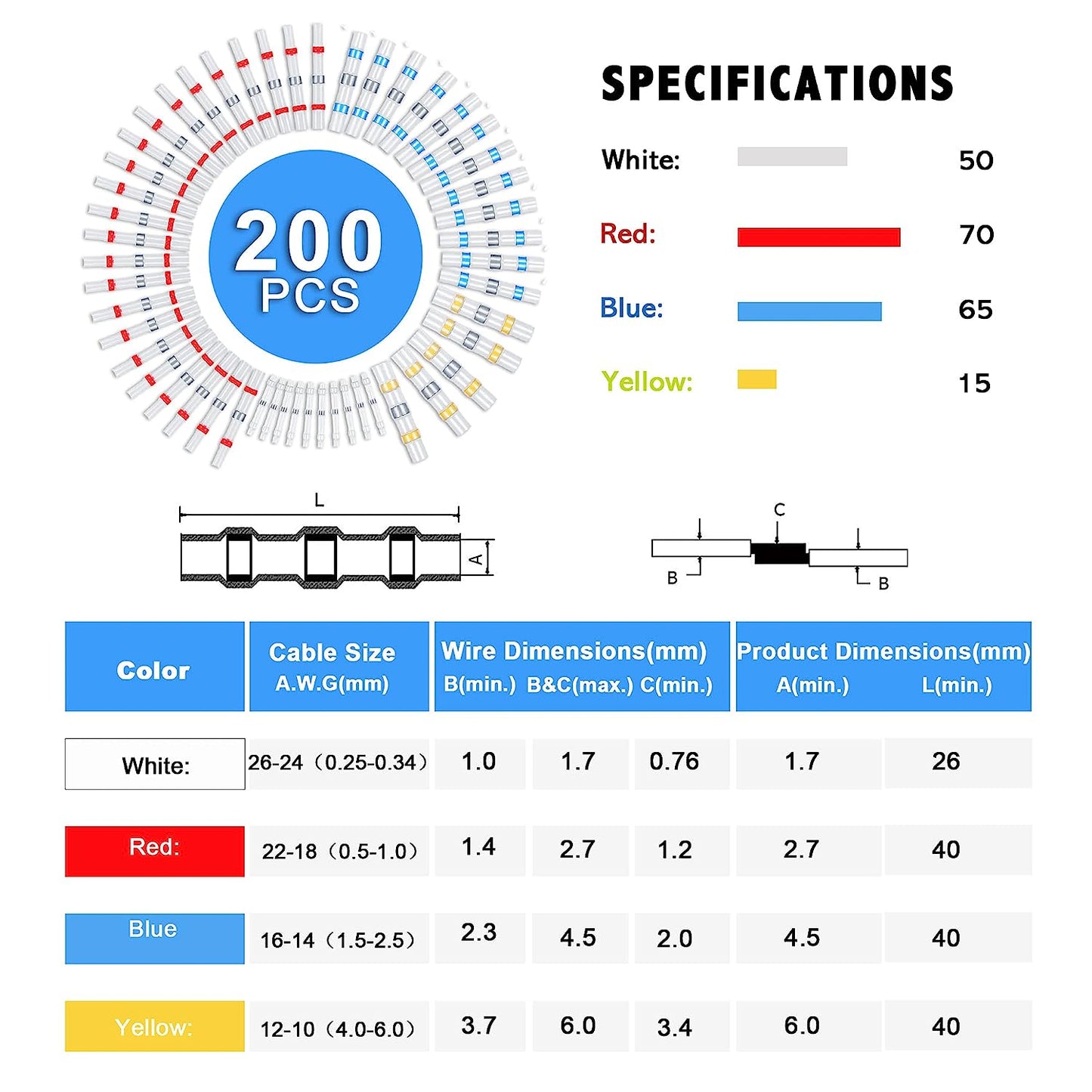 Set 200 conectori termocontractabili cu lipire si etansare cu fludor, pentru conductori electrici, impermeabili IP 67, cu cutie depozitare si transport