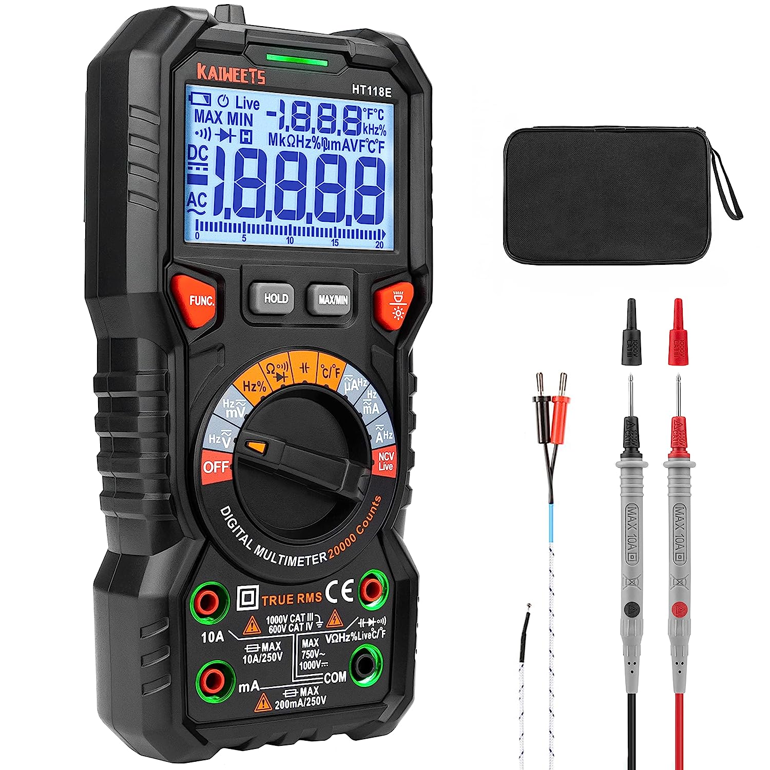 Multimetru digital cu afisaj LED iluminat, 20000 Counts, True RMS, NCV, lumina LED, Gama automata, AC/DC, tensiunea, capacitatea, temperatura, rezistenta, Kaiweets HT118E