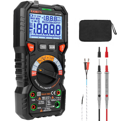 Multimetru digital cu afisaj LED iluminat, 20000 Counts, True RMS, NCV, lumina LED, Gama automata, AC/DC, tensiunea, capacitatea, temperatura, rezistenta, Kaiweets HT118E