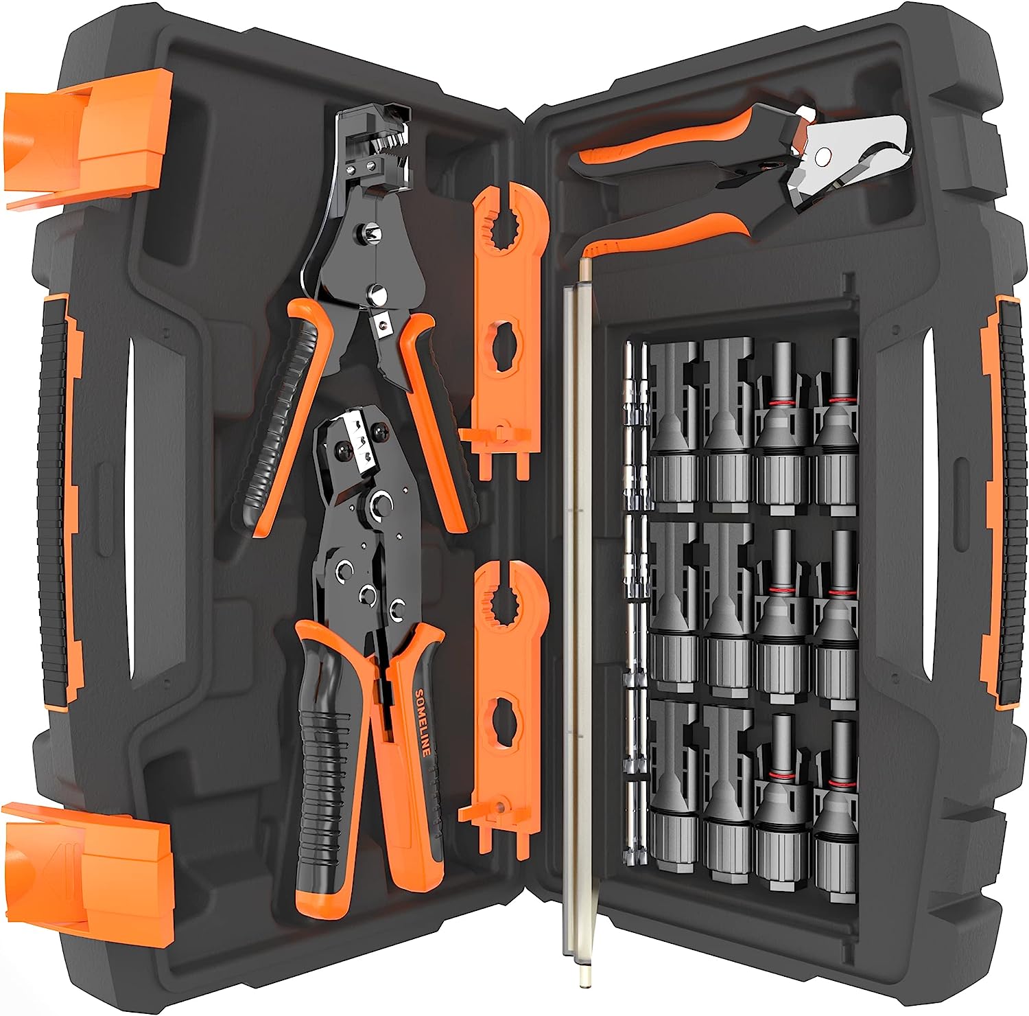 Set cleste de sertizare cablu solar 2,5/4,0/6,0 mm², cu conectori mama/tata, cleste de dezizolat, contine cleste de taiat si chei speciale, in cutie de transport si depozitare