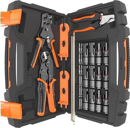 Set cleste de sertizare cablu solar 2,5/4,0/6,0 mm², cu conectori mama/tata, cleste de dezizolat, contine cleste de taiat si chei speciale, in cutie de transport si depozitare