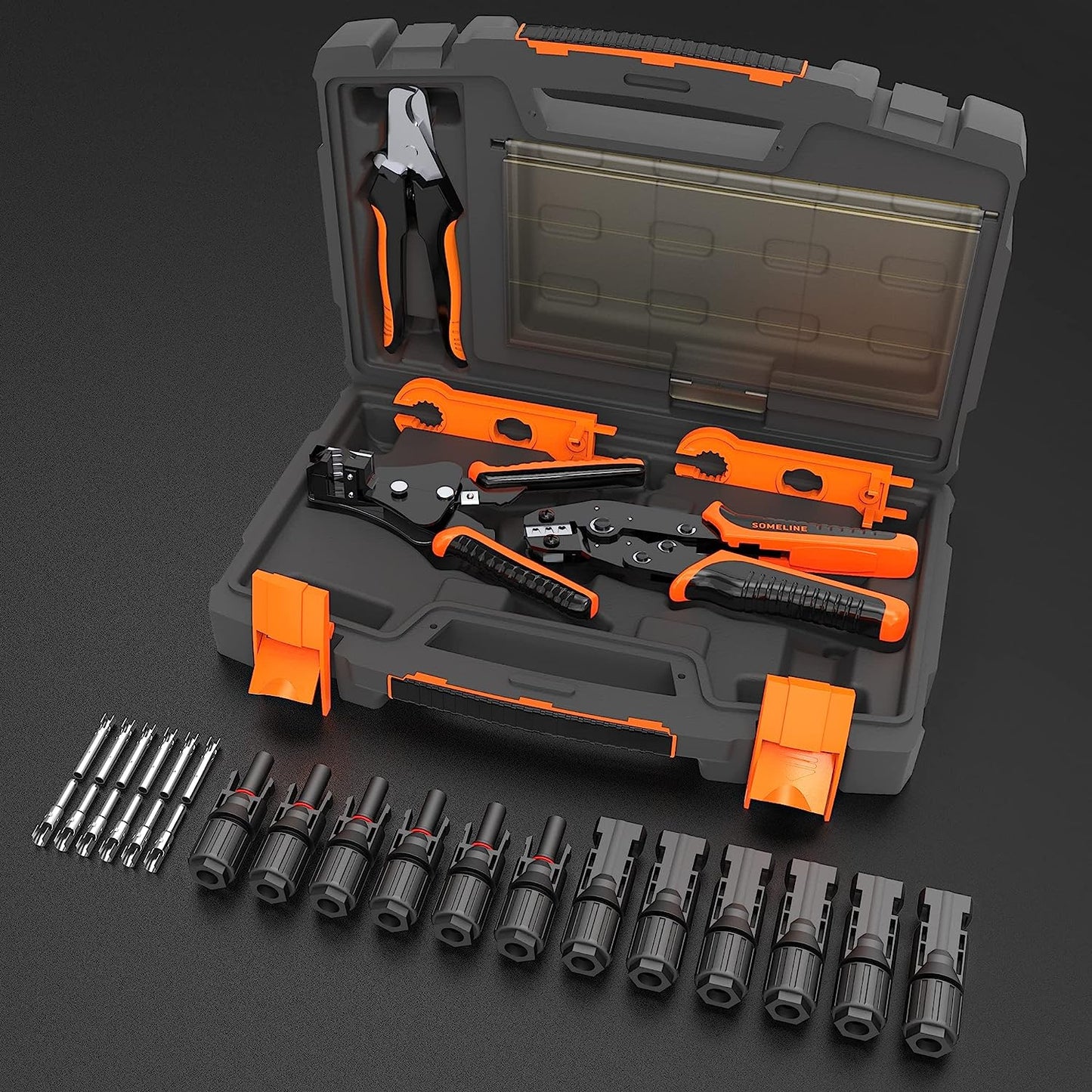 Set cleste de sertizare cablu solar 2,5/4,0/6,0 mm², cu conectori mama/tata, cleste de dezizolat, contine cleste de taiat si chei speciale, in cutie de transport si depozitare