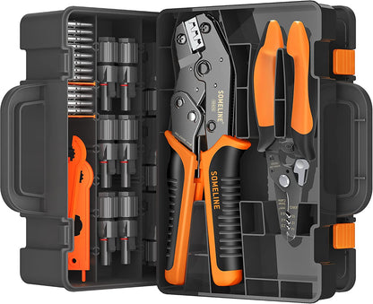 Set cleste de sertizare cablu solar 2,5/4.0/6,0 mm², cu 12 conectori mama/tata, contine cleste de dezizolat si chei speciale, in cutie de transport si depozitare, Someline
