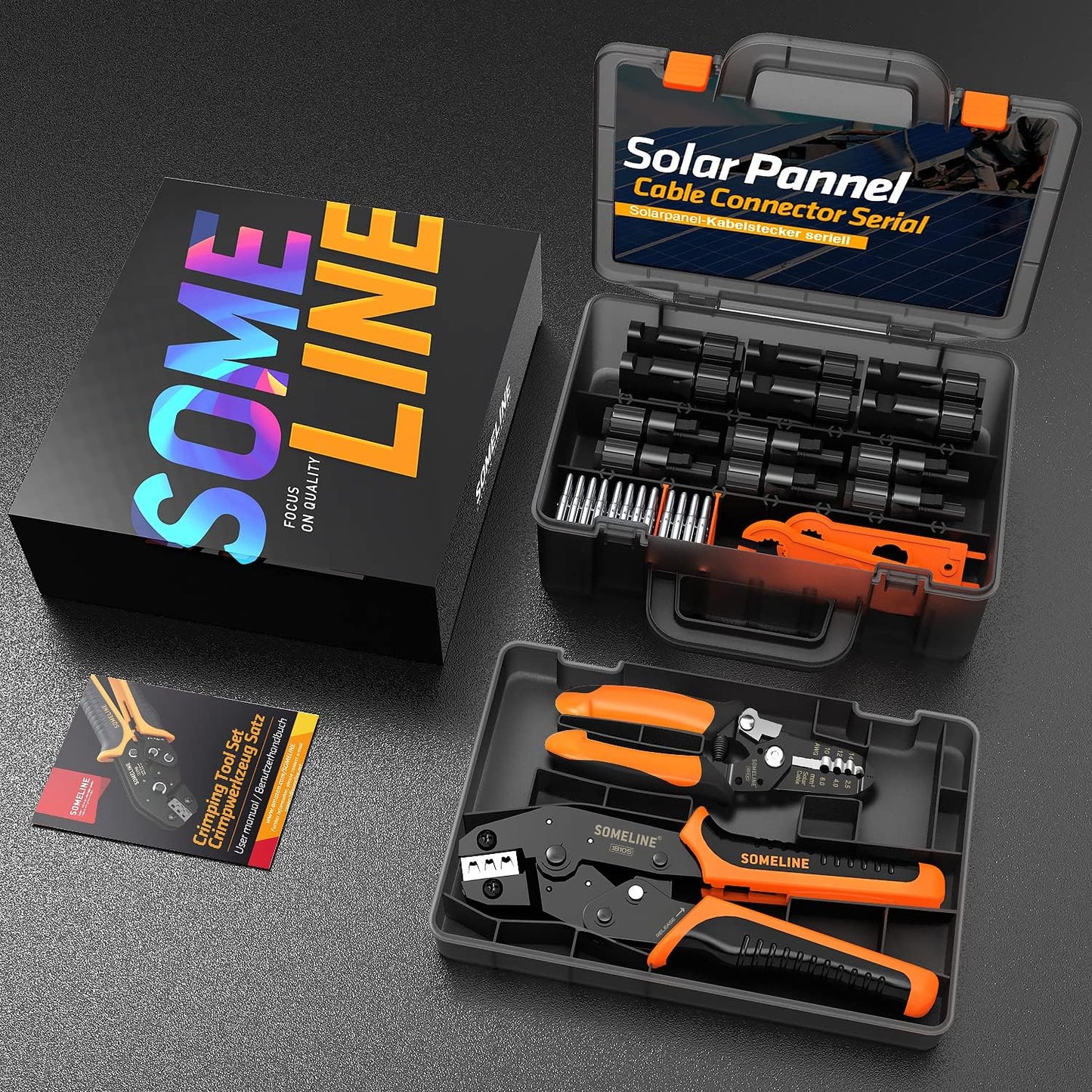Set cleste de sertizare cablu solar 2,5/4.0/6,0 mm², cu 12 conectori mama/tata, contine cleste de dezizolat si chei speciale, in cutie de transport si depozitare, Someline