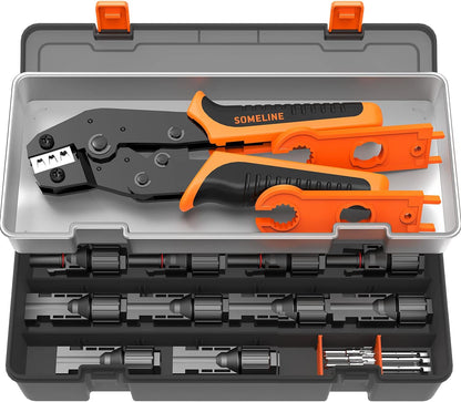 Set cleste de sertizare cablu solar 2,5/4/6 mm², cu 6 conectori mama-tata si 2 chei speciale, in cutie de depozitare si transport, Someline