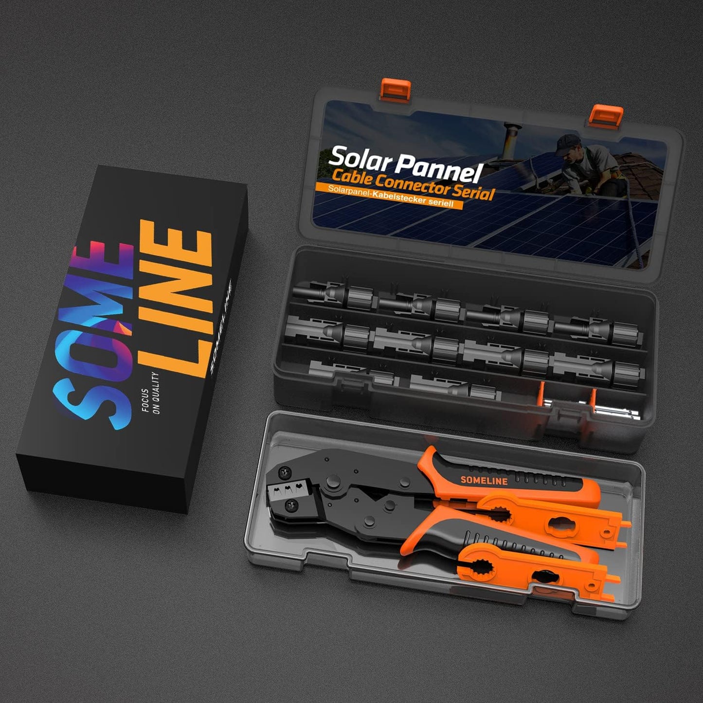 Set cleste de sertizare cablu solar 2,5/4/6 mm², cu 6 conectori mama-tata si 2 chei speciale, in cutie de depozitare si transport, Someline