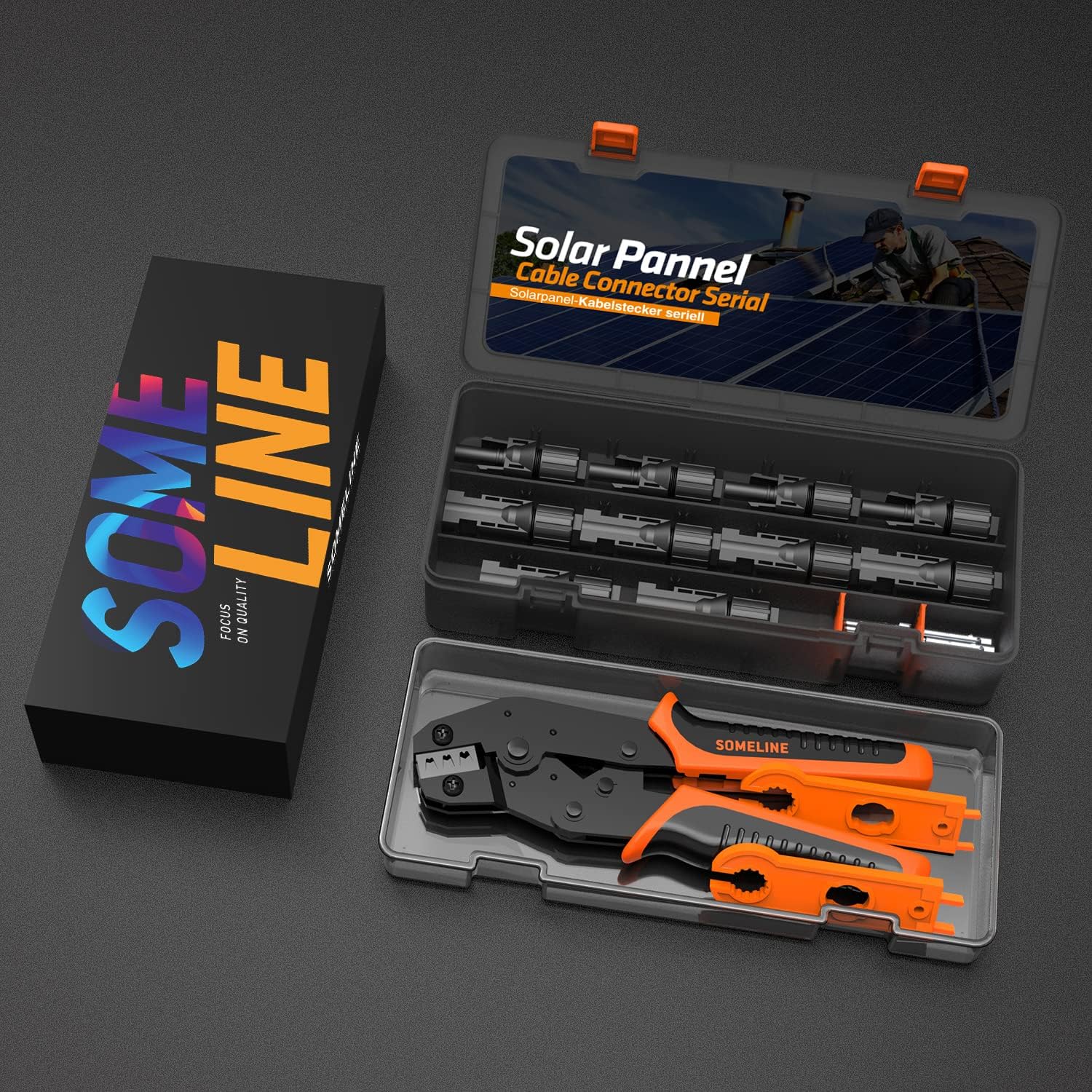 Set cleste de sertizare cablu solar 2,5/4/6 mm², cu 6 conectori mama-tata si 2 chei speciale, in cutie de depozitare si transport, Someline