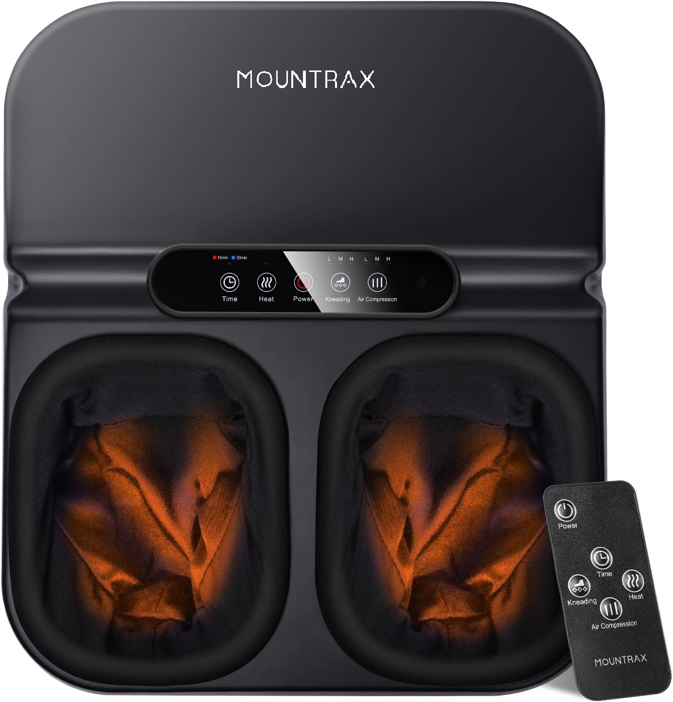 Aparat de masaj Shiatsu pentru picioare cu functie de caldura, presiune aer, role, telecomanda si panou de control cu touch, temporizare automata, Mountrax