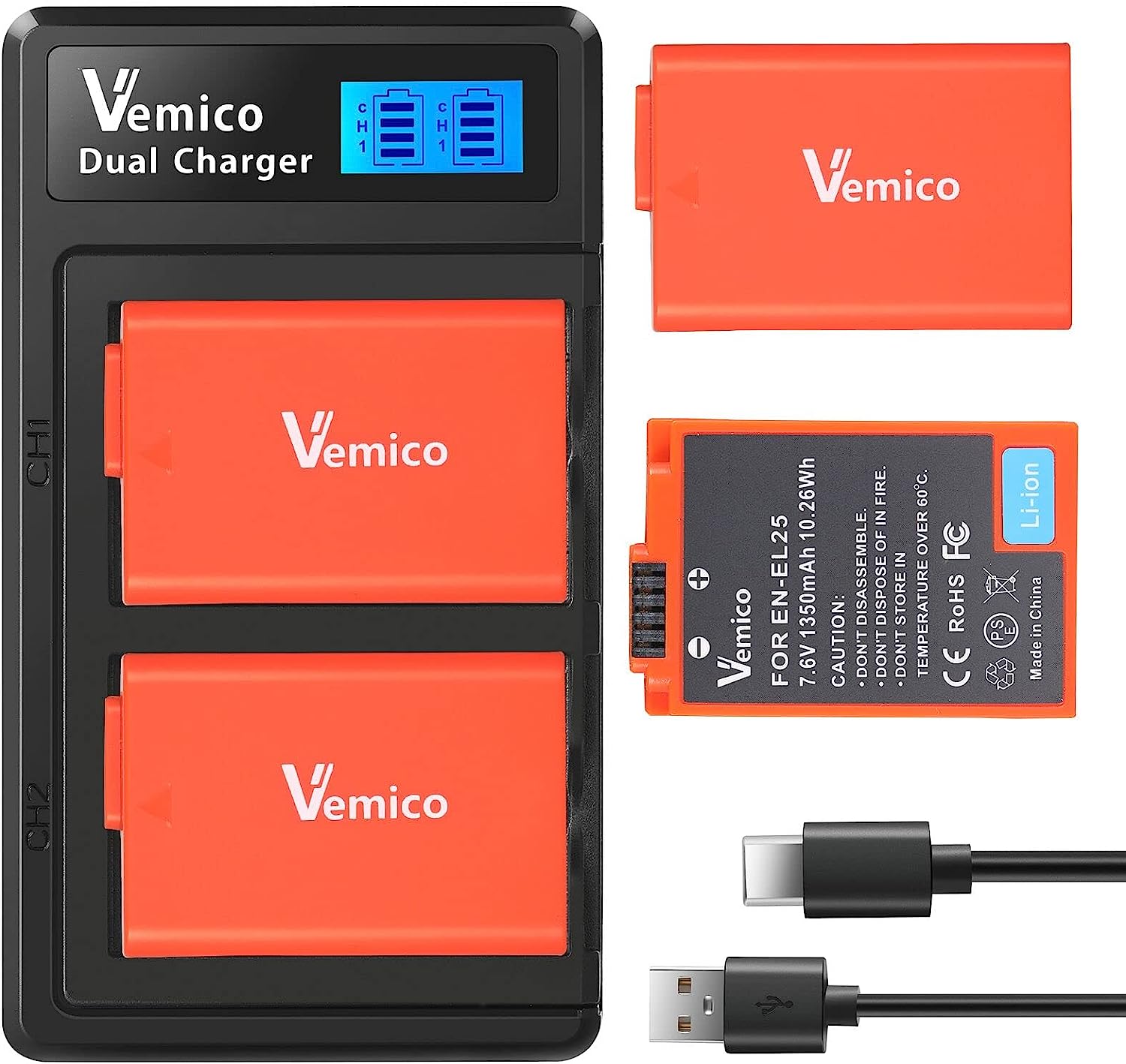Set 2 acumulatori EN-EL25 / EN-EL25A 1350 mAh, cu incarcator dual cu display LCD, compatibil cu seriile Nikon Z50 / ZFC / Z