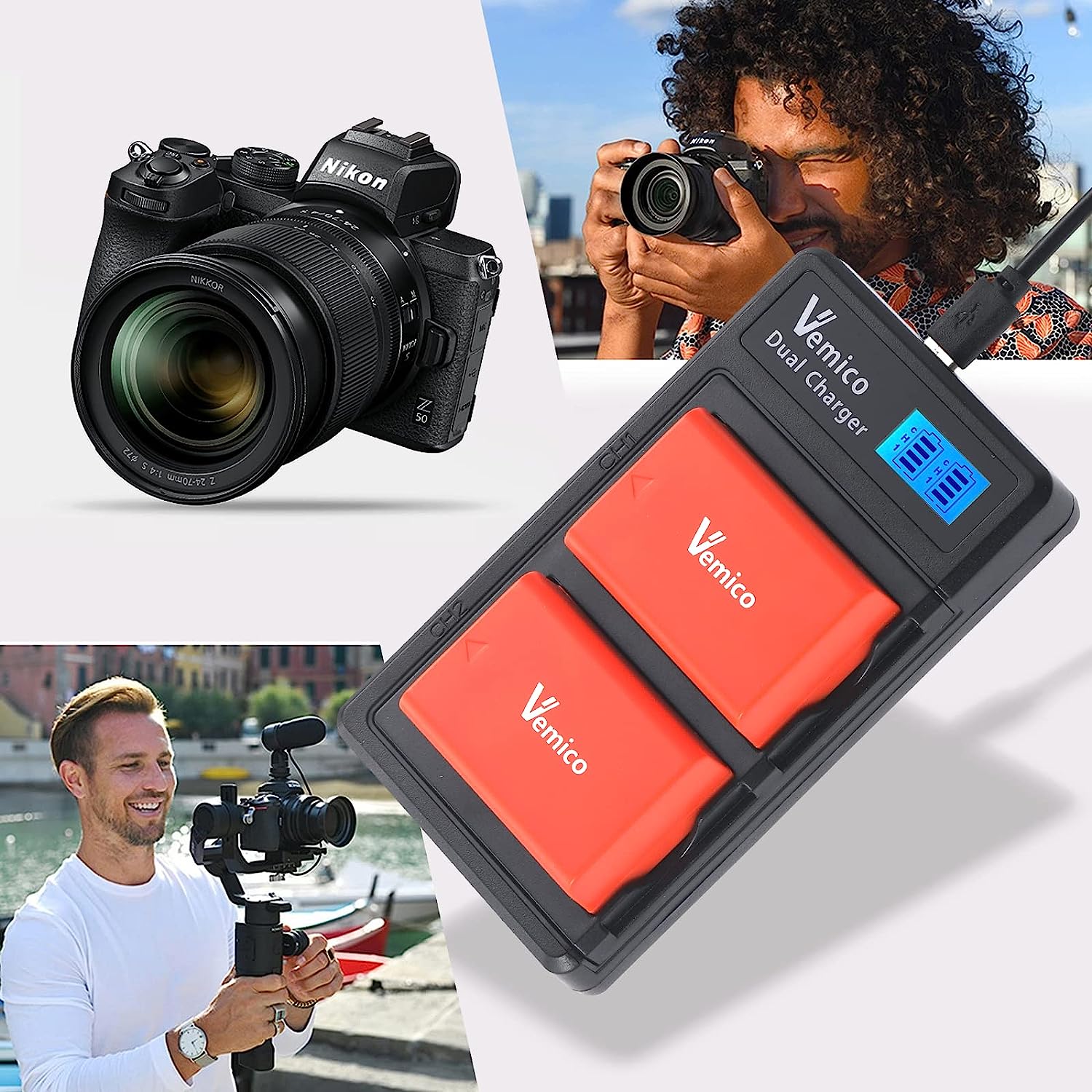 Set 2 acumulatori EN-EL25 / EN-EL25A 1350 mAh, cu incarcator dual cu display LCD, compatibil cu seriile Nikon Z50 / ZFC / Z