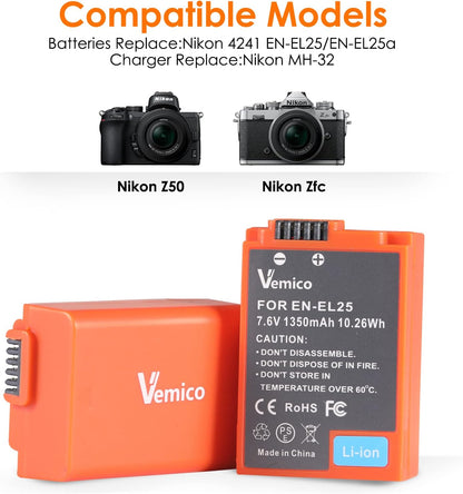 Set 2 acumulatori EN-EL25 / EN-EL25A 1350 mAh, cu incarcator dual cu display LCD, compatibil cu seriile Nikon Z50 / ZFC / Z