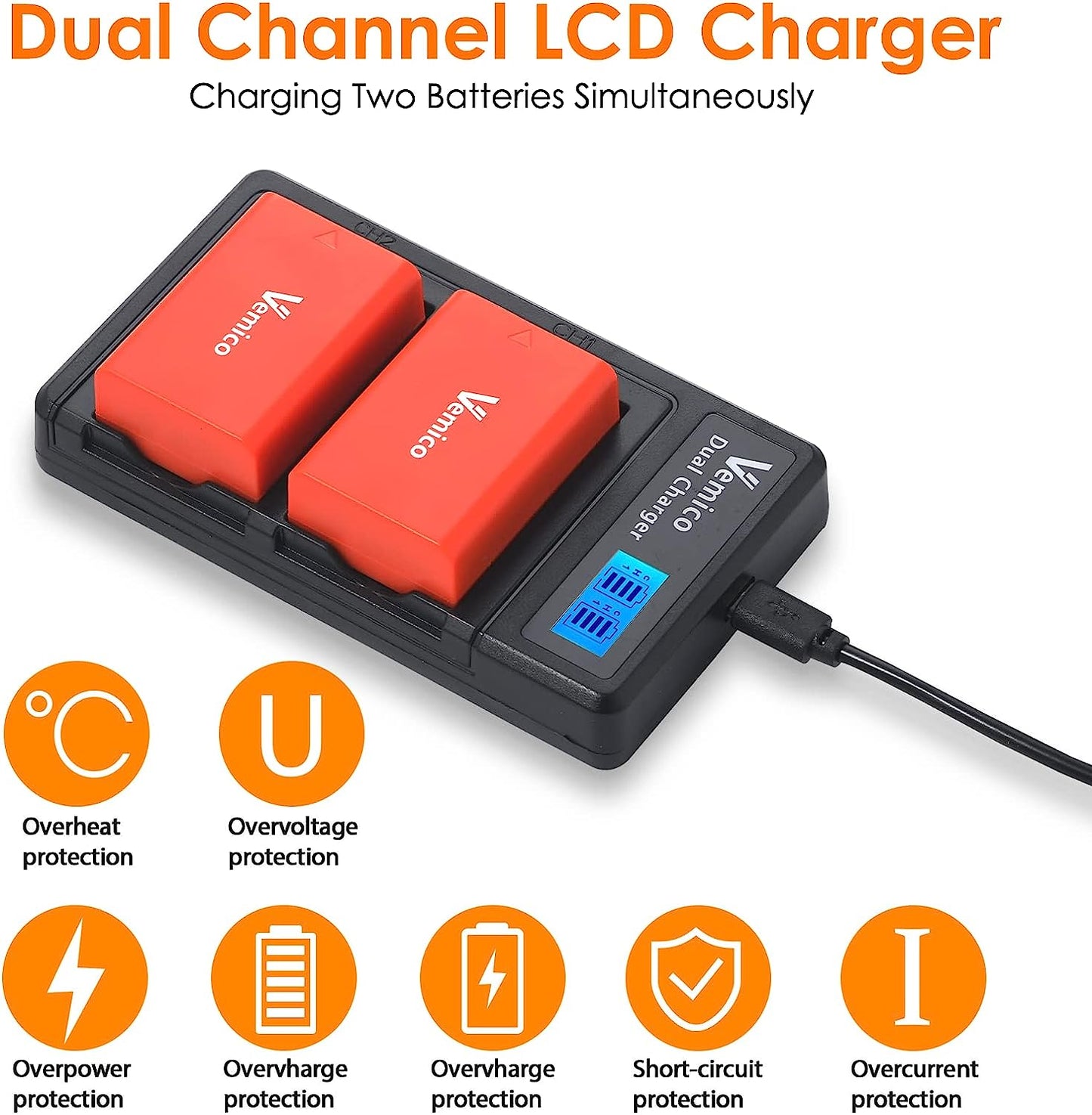 Set 2 acumulatori EN-EL25 / EN-EL25A 1350 mAh, cu incarcator dual cu display LCD, compatibil cu seriile Nikon Z50 / ZFC / Z