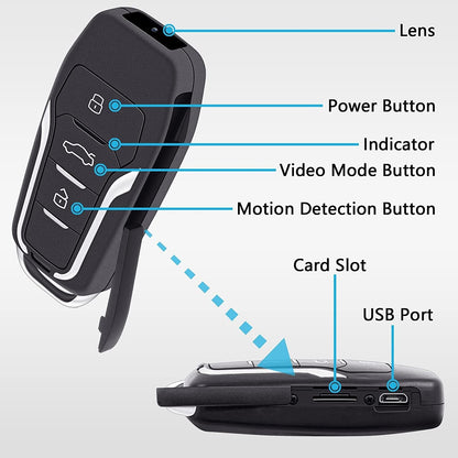 Camera spion mini tip cheie auto, 1080P Full HD, cu detectie miscare, cu port USB, slot card, acumulator 800 mAh, memorie de 64 GB inclusa, suporta card pana la 128 GB