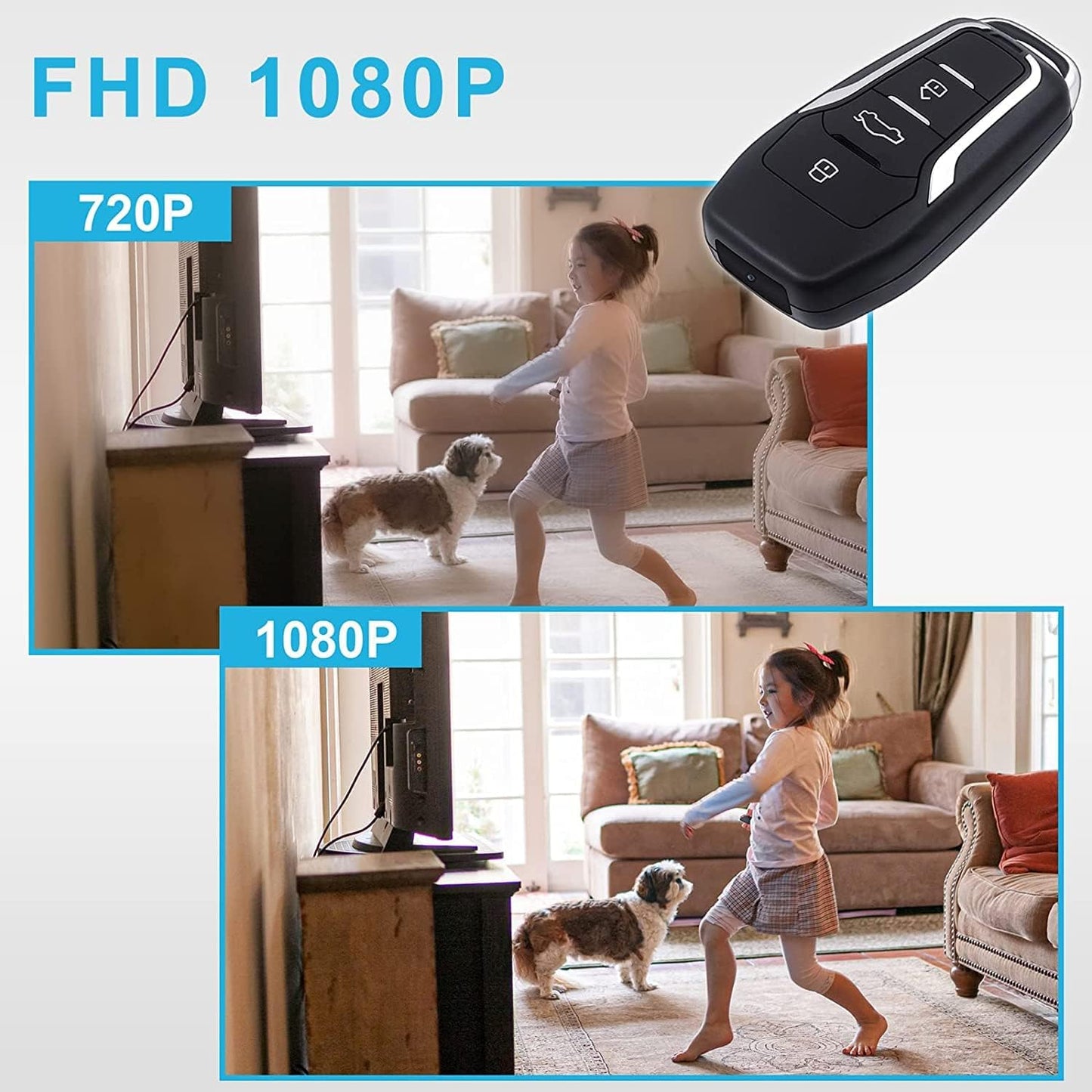 Camera spion mini tip cheie auto, 1080P Full HD, cu detectie miscare, cu port USB, slot card, acumulator 800 mAh, memorie de 64 GB inclusa, suporta card pana la 128 GB