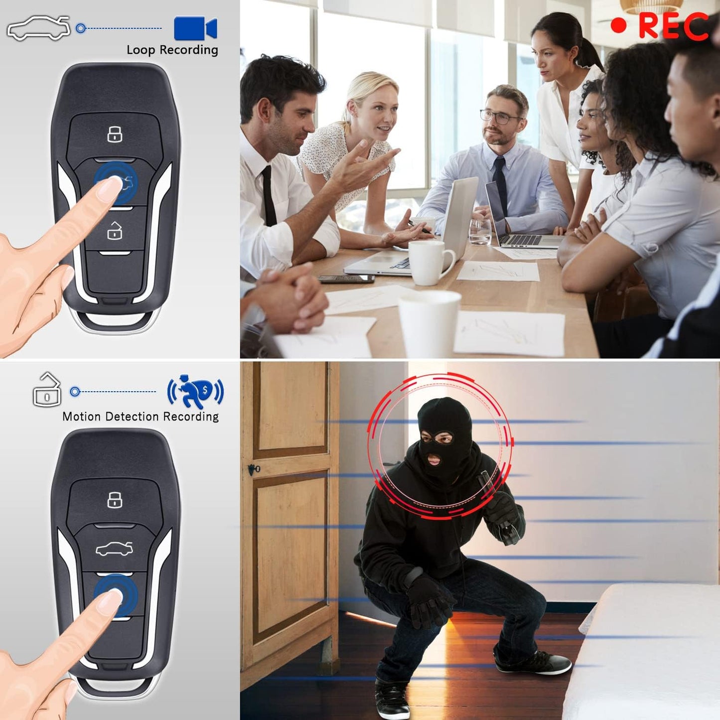 Camera spion mini tip cheie auto, 1080P Full HD, cu detectie miscare, cu port USB, slot card, acumulator 800 mAh, memorie de 64 GB inclusa, suporta card pana la 128 GB