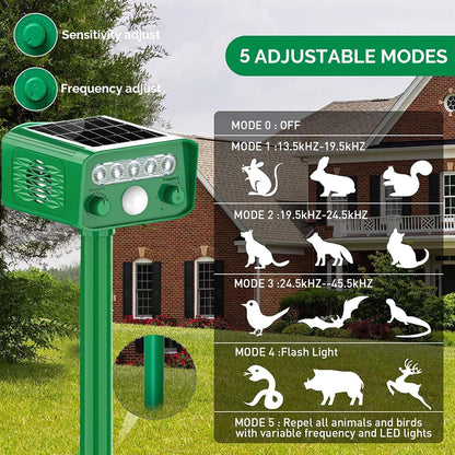 Dispozitiv cu ultrasunete anti-daunatori, cu panou solar, lumini LED, 5 moduri ajustabile, impotriva animalelor salbatice, anti rozatoare, caini, pisici, incarcare solara si USB, impermeabil IP65, verde
