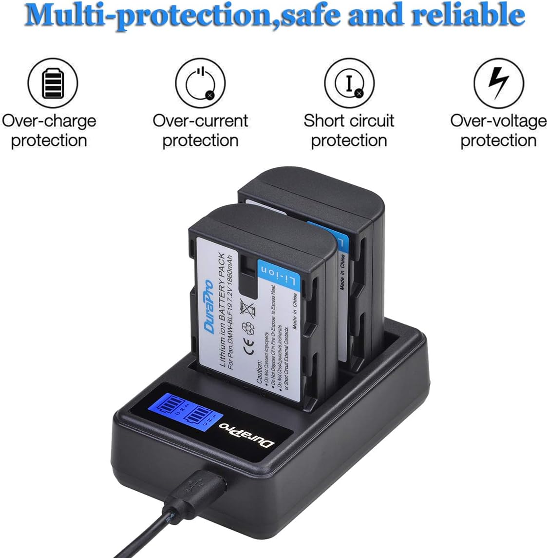 Set de 2 acumulatori DMW-BLF19 DMW-BLF19E, 1860 mAh cu incarcator dual, pentru Panasonic DMW-BLF19PP; Aparat foto DMC-GH3, DMC-GH4, DC-GH5 G9