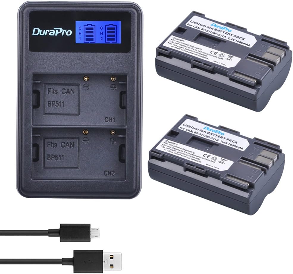 Set de 2 acumulatori BP-511 BP-511A 1800 mAh cu incarcator dual pentru Canon EOS 5D 10D 20D 20D 30D 40D 50D 300D D30 D60, Rebel PowerShot Pro G5 G1962 Pro G1 G5 G190 Pro